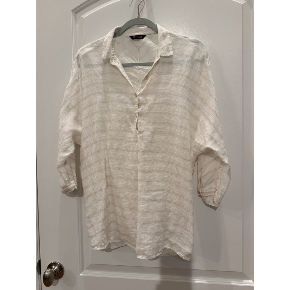 Massimo Dutti Shirt Womens M White Beige Stripe Linen Blend Oversized Boxy Top